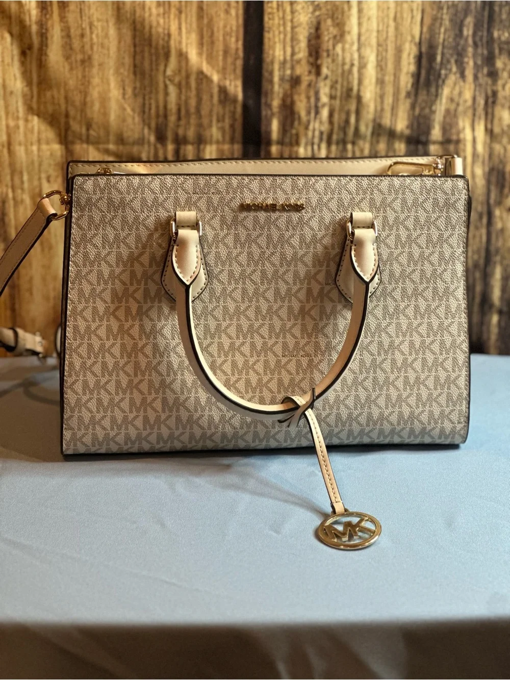 Michael Kors Beige Logo Satchel with Gold Charm